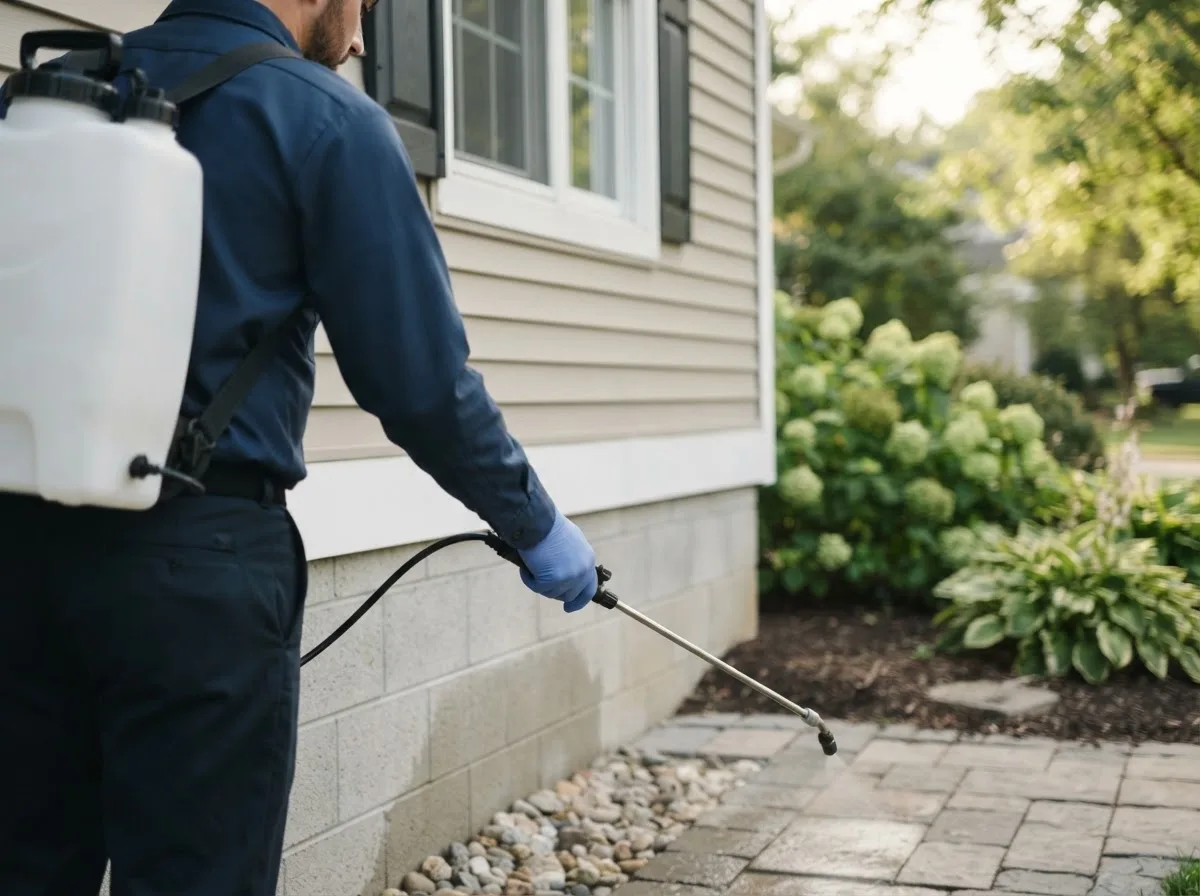 Pest control technician inspecting a home in Blanchard, ID